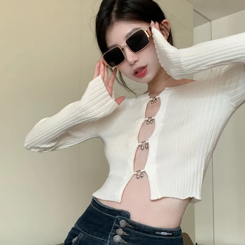 Summer Ladies Sweaters Sexy Cropped Design Top Cutout Solid Color Knitted Long Sleeves