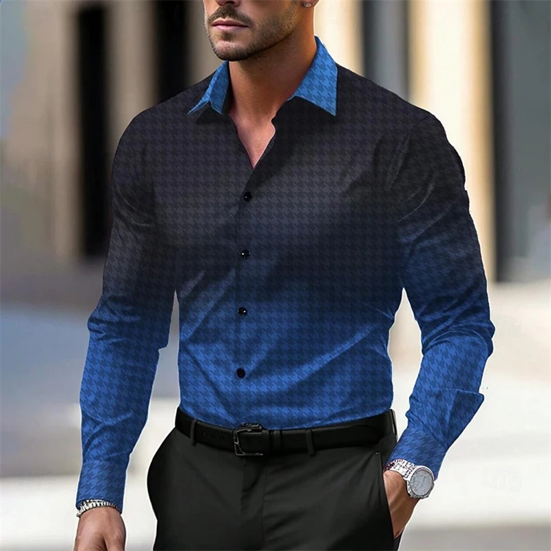 Camisas de negocios a cuadros simples para hombres, camisa de manga larga con gradiente impreso en 3D, blusa suelta diaria informal, Tops de moda, primavera y otoño