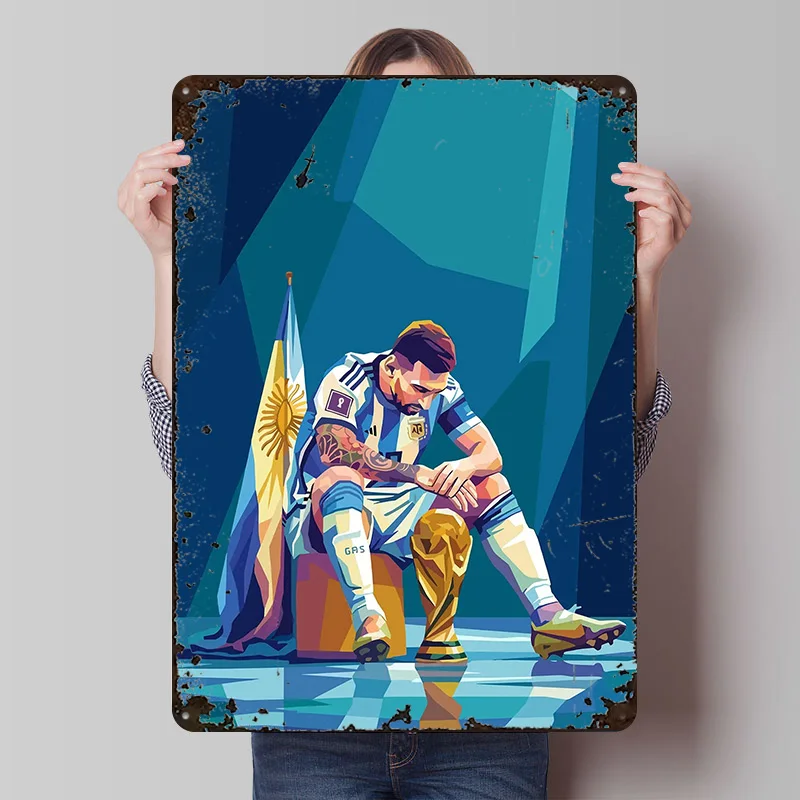 Lionel Messi With Trophy Poster Customized Vintage Metal Signs Wall Art Retro Tin Plaque for Room Decoration Gaming Desk Decor