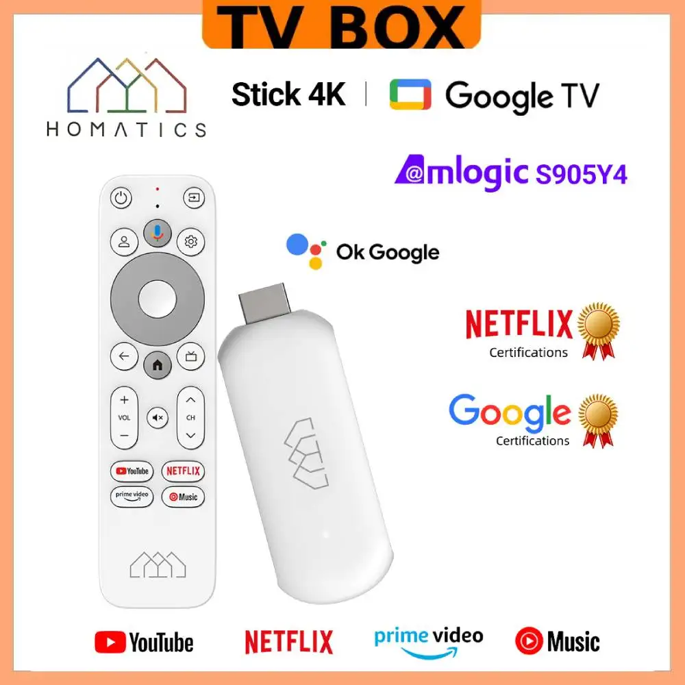 

ТВ-приставка homatic 4K, Netflix, Google Сертифицированный Amlogic S905Y4 Google TV 11,0 Box H.265 2T2R Wifi Поддержка Dolby атмосферs AV1 2 ГБ 32 ГБ
