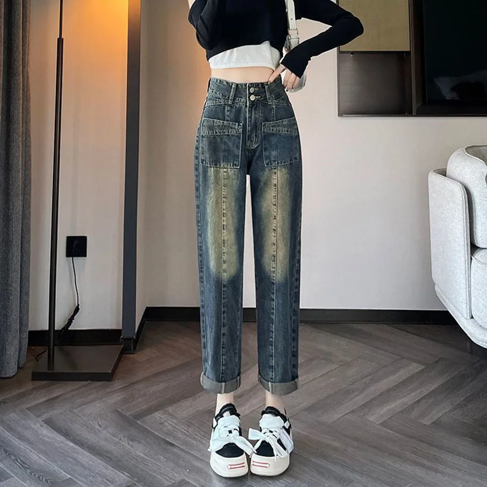 

Spring Autumn New Harlan Jeans Women's Large Size Design Loose Denim Pants Female Casual Washed High Waist Straight Trousers