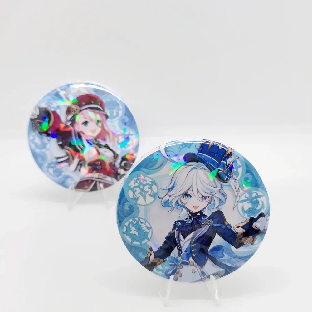 58mm Laser uderzeniowy broszka przypinki plakietka Anime Knave Arlecchino Cosplay Furina Neuvillette Freena akcesoria plecak prezent