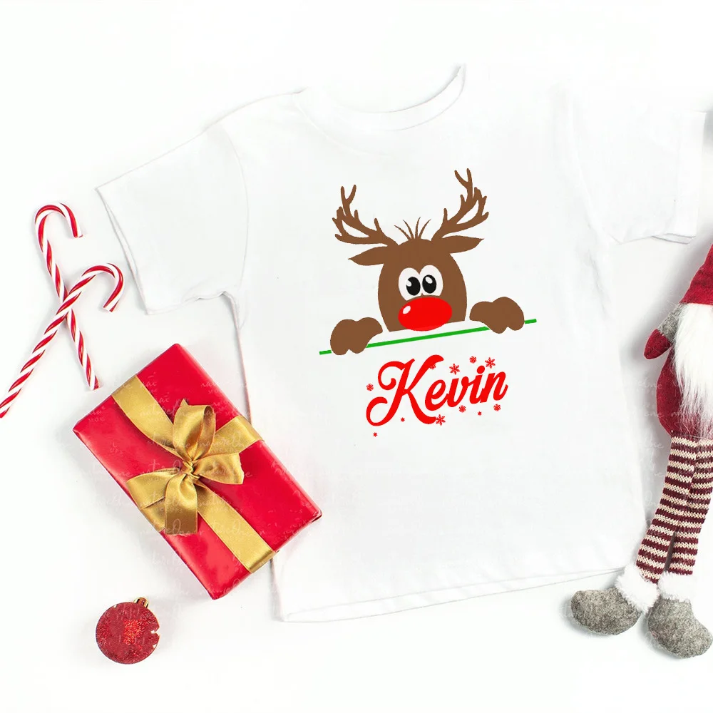 

New Funny Christmas T-shirt Custom Deer with Name Child Clothes Tops Boy Girl Clothes Party Gift Harajuku Unisex T Shirt