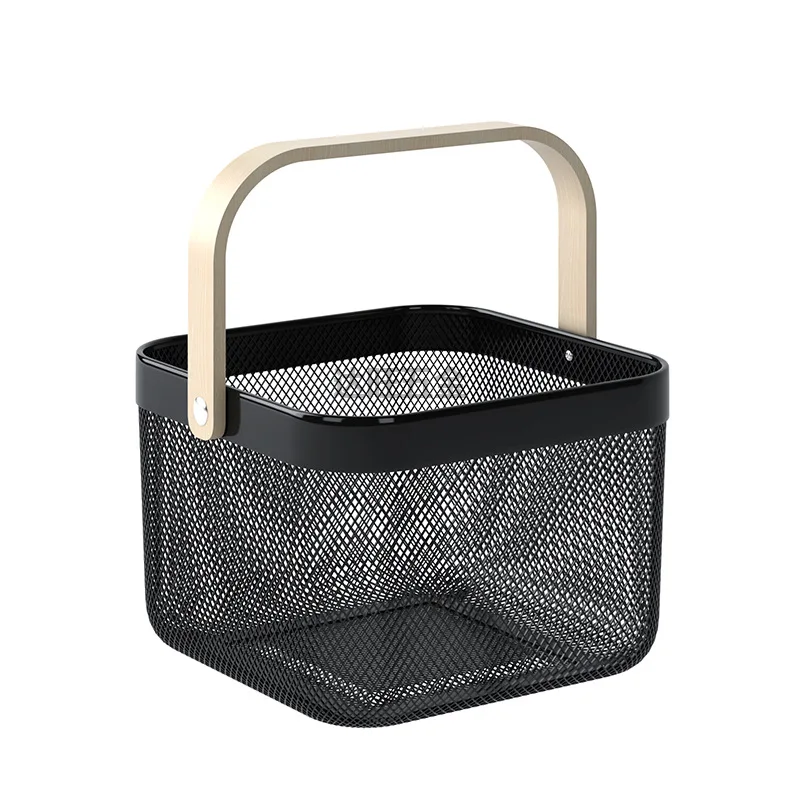 

Nordic Iron Handheld Gift Storage Basket Kitchen Hollow Drain Baskets Comfort Wooden Handle Handheld Storage Frame Fruit Box