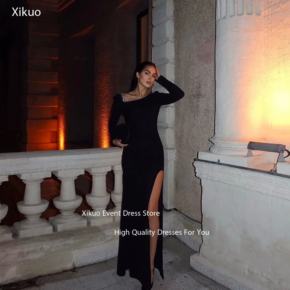 Xikuo preto alta fenda vestidos de noite bling cristal mangas compridas robe cocktail femmes até o chão sexy vestidos de baile personalizado