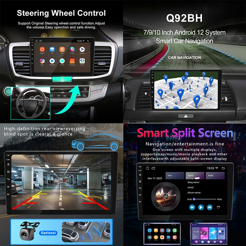 Car Radio 9/10 Inch Wireless Autoradio Android 13/12 Universal Touch Screen GPS Rearview Camera Multimedia Video Player MP5 MP3