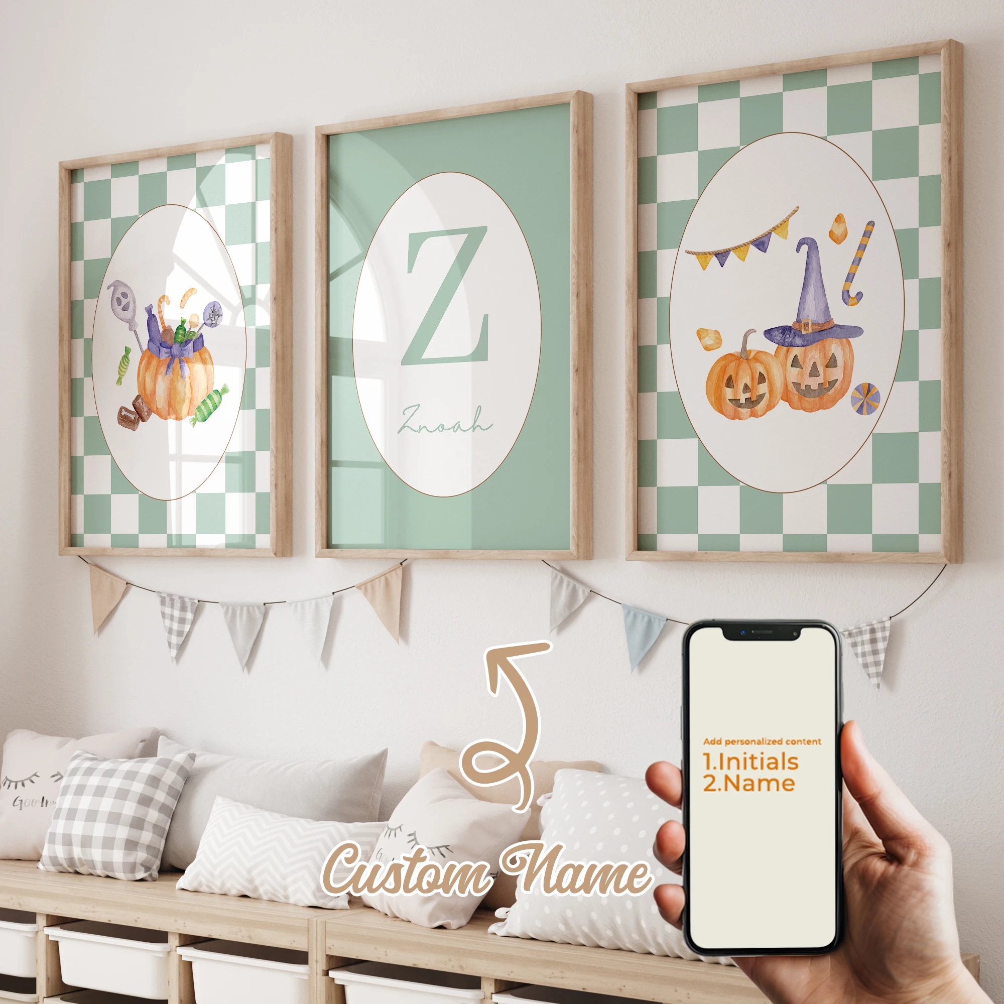 

3Pcs Personalized Custom Name Pumpkin Wall Art Printmaking Canvas Painting Poster Picture For Halloween Living Room Home Decor