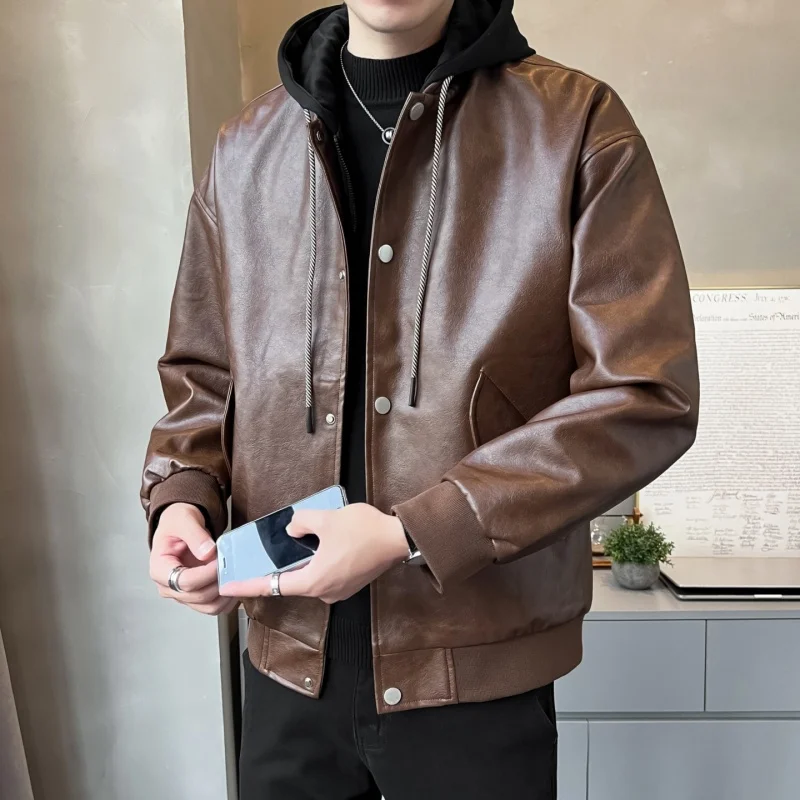 

Men's Hooded Fake 2 Pc PU Leather Jackets American Street Retro PU Leather Jackets Men's Hip Hop Style Luxury Leather Clothes