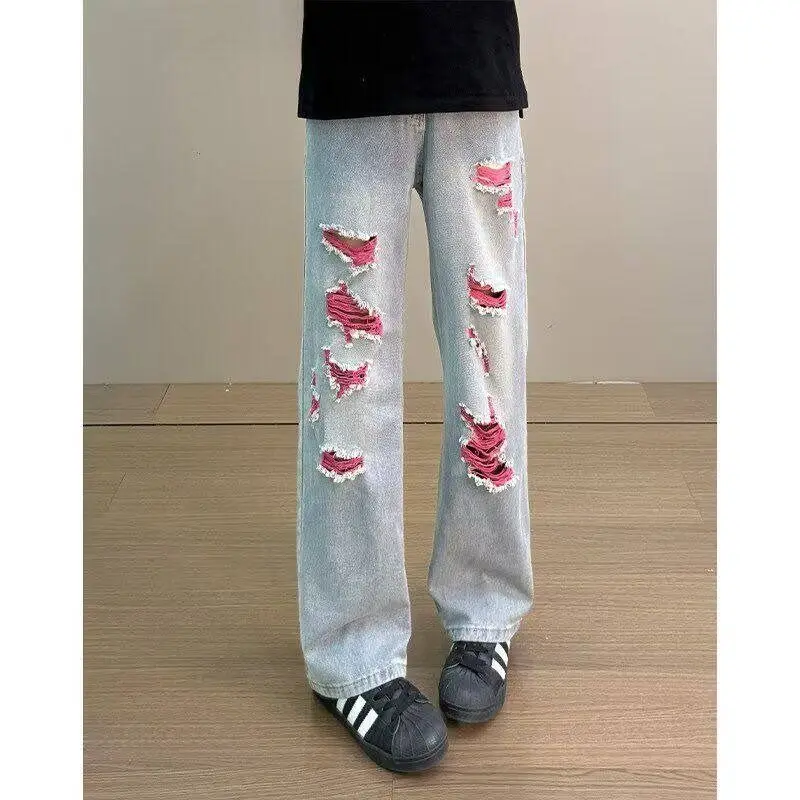 Calças Jeans Retrô Americanas Azuis para Homens e Mulheres, Design de Contraste de Cores, Corte Reto, Efeito Emagrecimento, P...