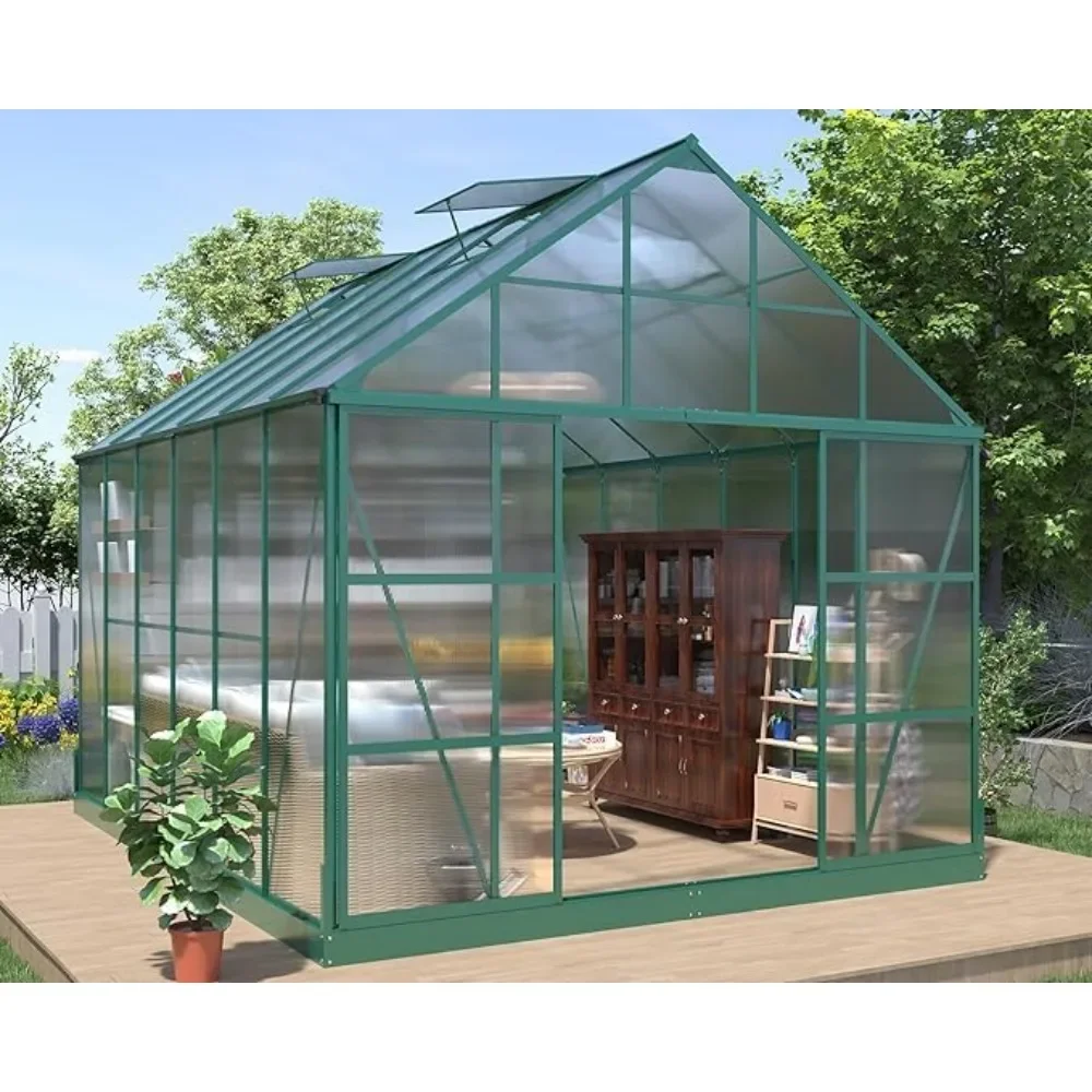 12x10x10 FT Polycarbonate Greenhouse with 4 Vents Window Walk-in Large Aluminum Greenhouse Premium Professional Hot House