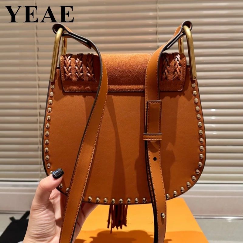 Genuine Leather Saddle Metal Rivet Armpit Bags Women 2023 Tassel Shoulder Crossbody Bag Ladies Vintage Underarm Handbags bolsa