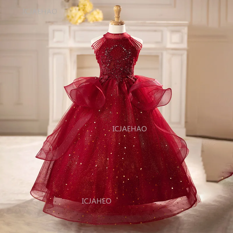 Christmas Holidays Girls Birthday Princess Dress for Model Show Host Piano Recital Performance Party Pageant Formal Gown Evening