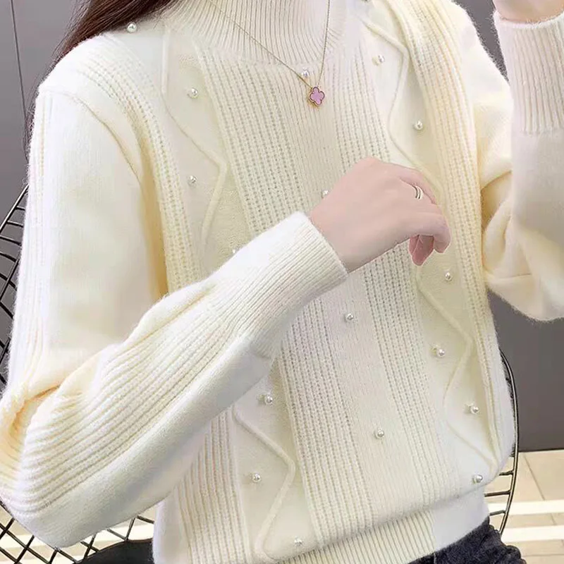 Autumn Winter New Bead Sweaters Vintage Loose Thick Knitted Pullovers Office Lady Solid Chic Tops