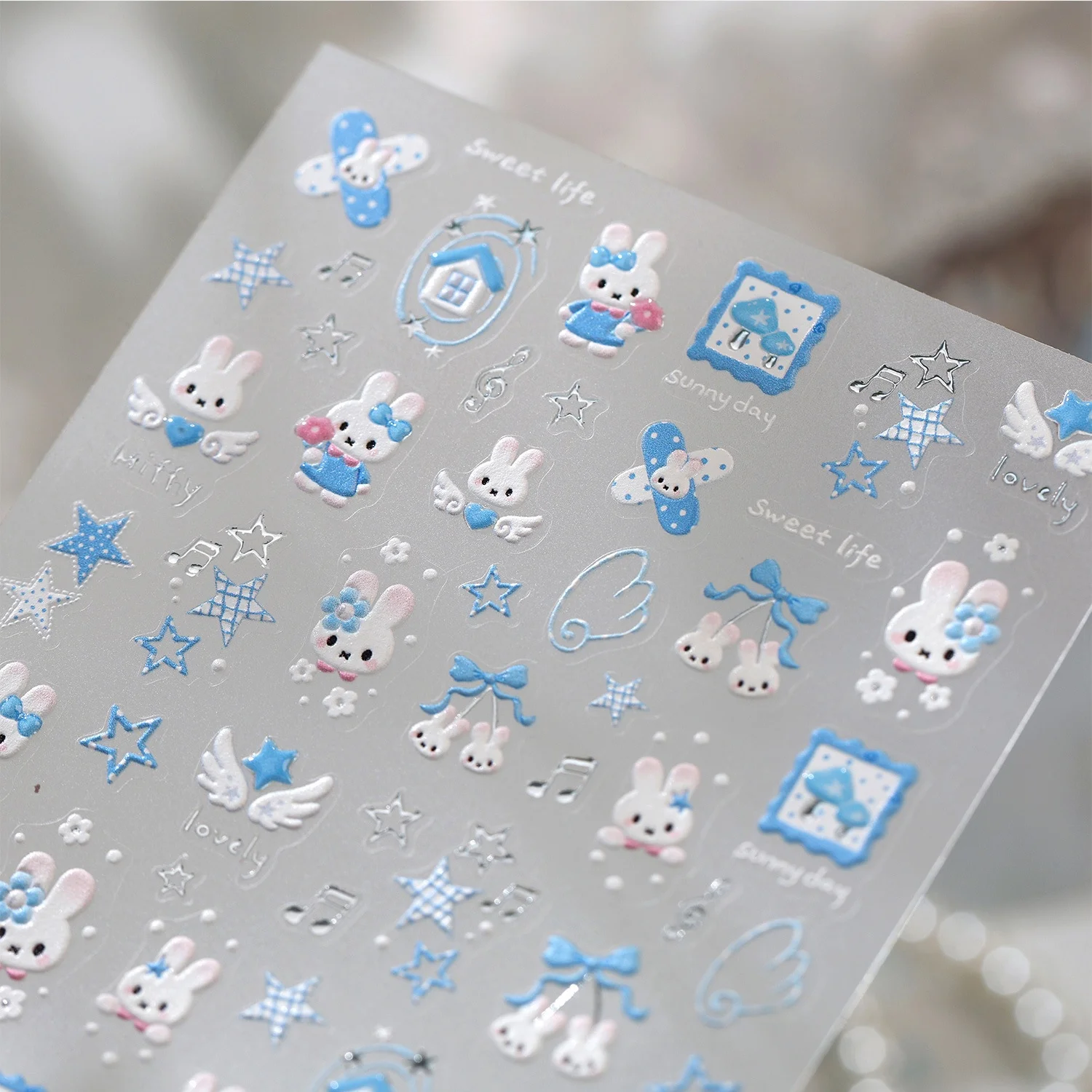Kawaii Lop Ear Bunny 5D Nagelkunst-Aufkleber Karo Stern Musiknote Haus Rahmen Flügel Umriss Herz Schleife Nagelsticker Kunstzubehör