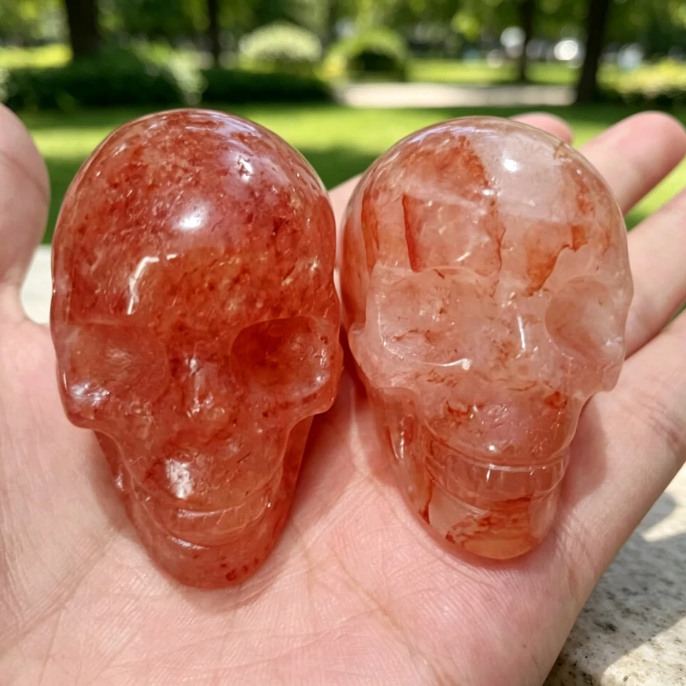 Natural Fire Quartz Skull Carving, Crystal Stone Craft, Reiki Home Decor, Collection, Holiday Gifts, Desk Ornament
