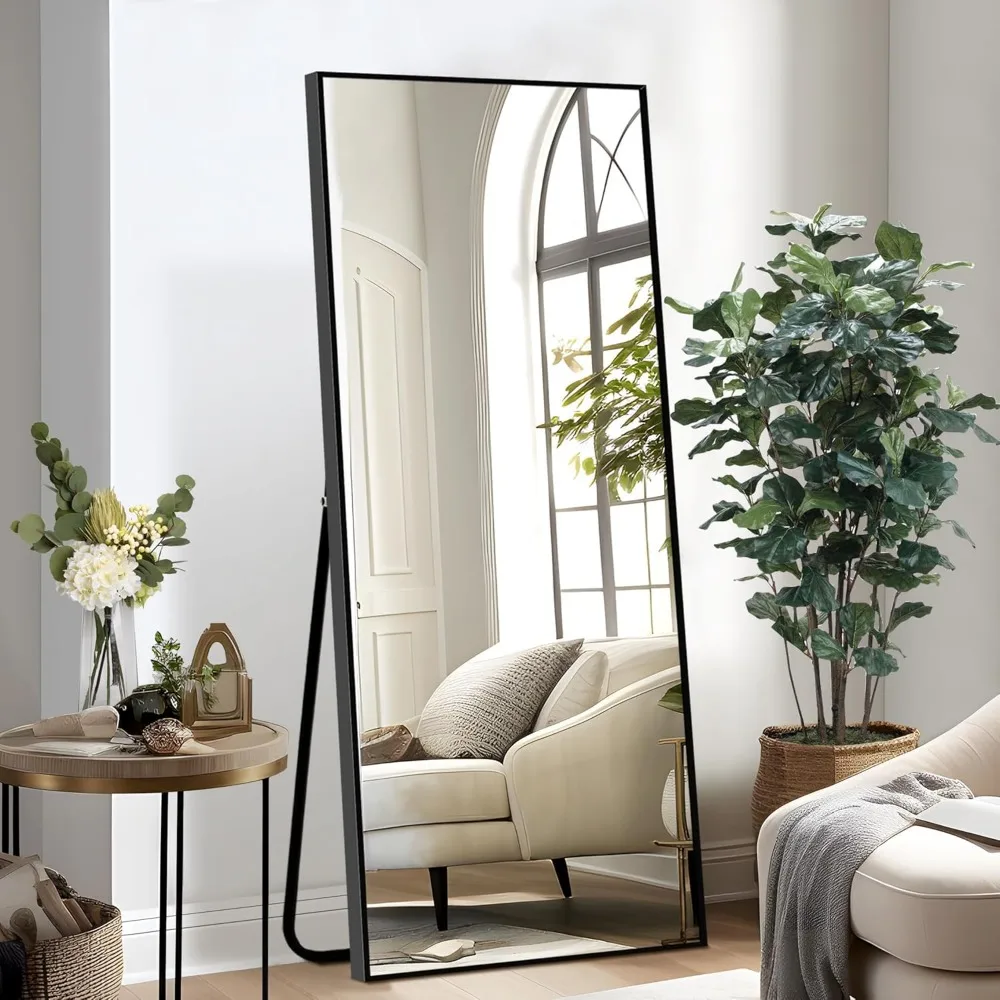 Full Length Mirror with Stand, 64"x24" Aluminum Alloy Frame Full Body Floor Mirror, Black - Free Standing, Leaning Against Wall