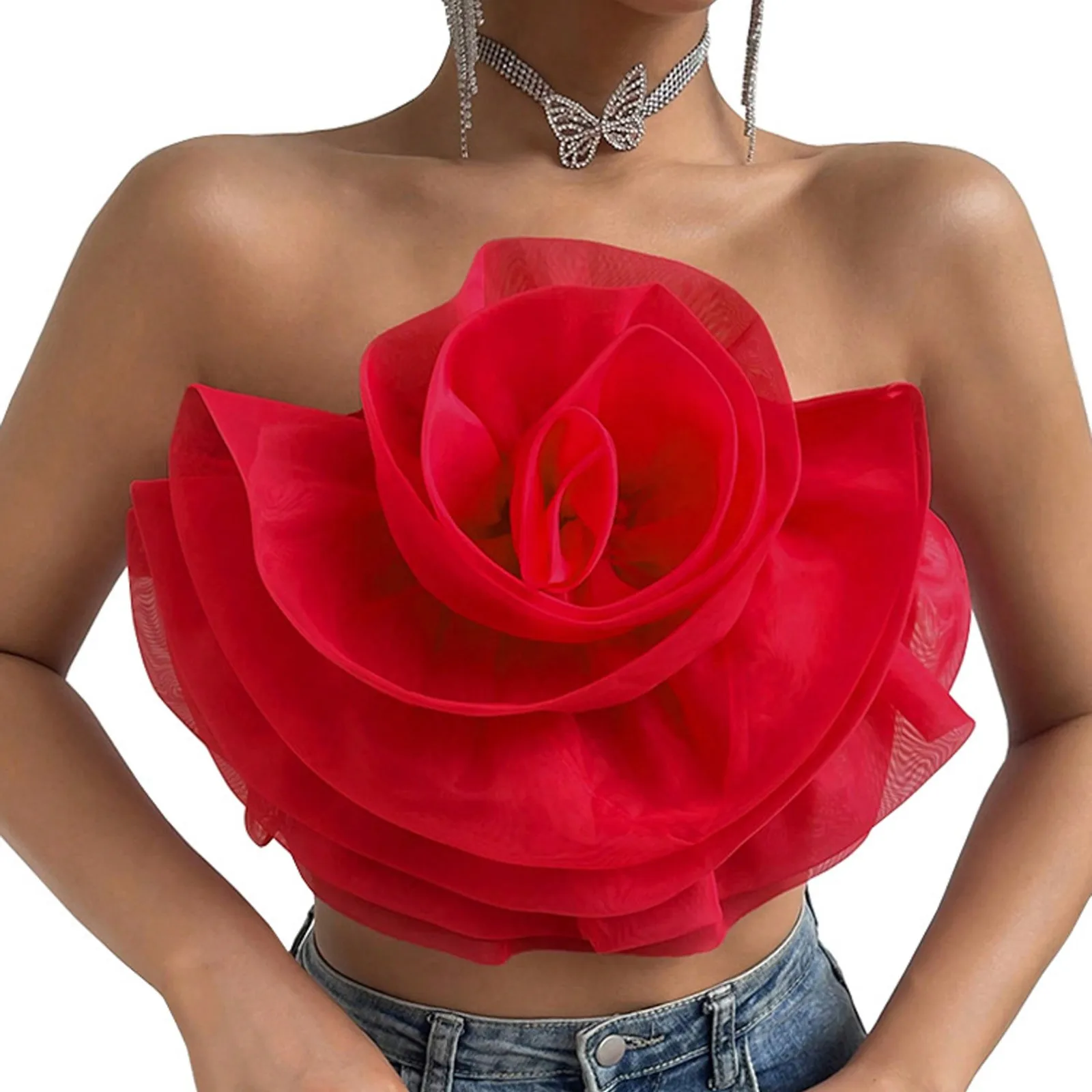 Slim Fit Women\'s Flower Front Crop Tube Top Sleeveless Strapless Solid Shirred Tops Camisole Loose Tops Women