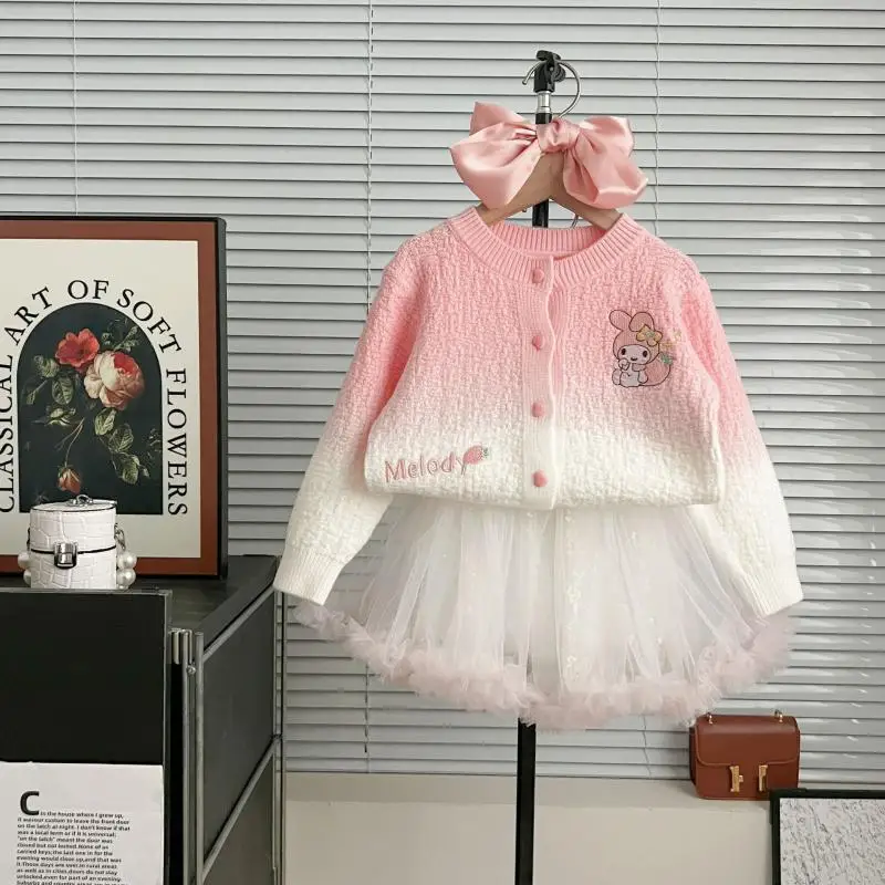 Conjunto de ropa Kawaii My Melody para niñas, cárdigan de punto Kuromi, falda de malla, versión coreana, falda de princesa linda, regalo