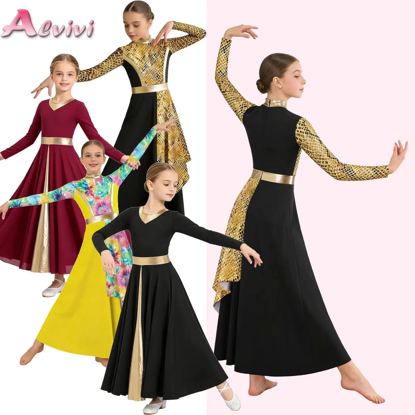 

Kids Girls Stylish Printed Praise Worship Dance Dress Mock Neck Long Sleeve Invisible Zipper Asymmetrical Drape Dress Dancewear