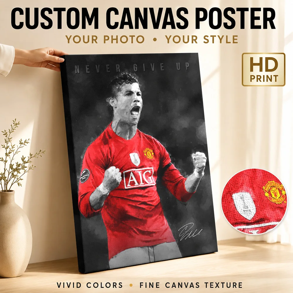 Cristiano Ronaldo Never Give Up Quote Framed Canvas Poster Bold Text Wall Decor With Personalized Photo For Study Ideal Fan Gift