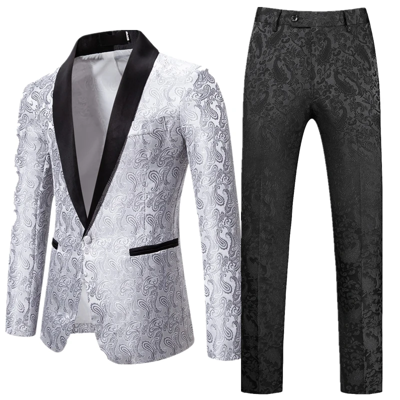 Burgundy Cashew Flower Men\'s Suit Two Piece, Wedding Party Dress Jacket with Pants White Blue Black Blazers and Trousers S-XXL