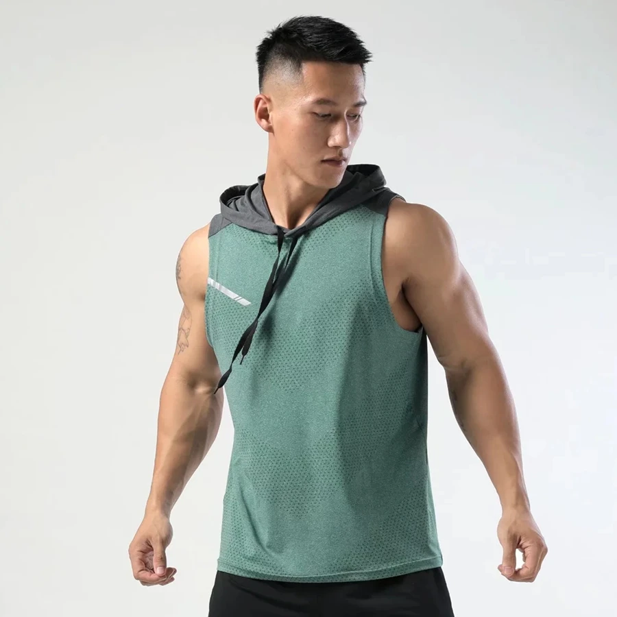 

Mens Work Out Training Running Vest Hooded Tops Sport Shirts Fitness Sleeveless T Shirt Clothing Elastic Quick Drying Reflective