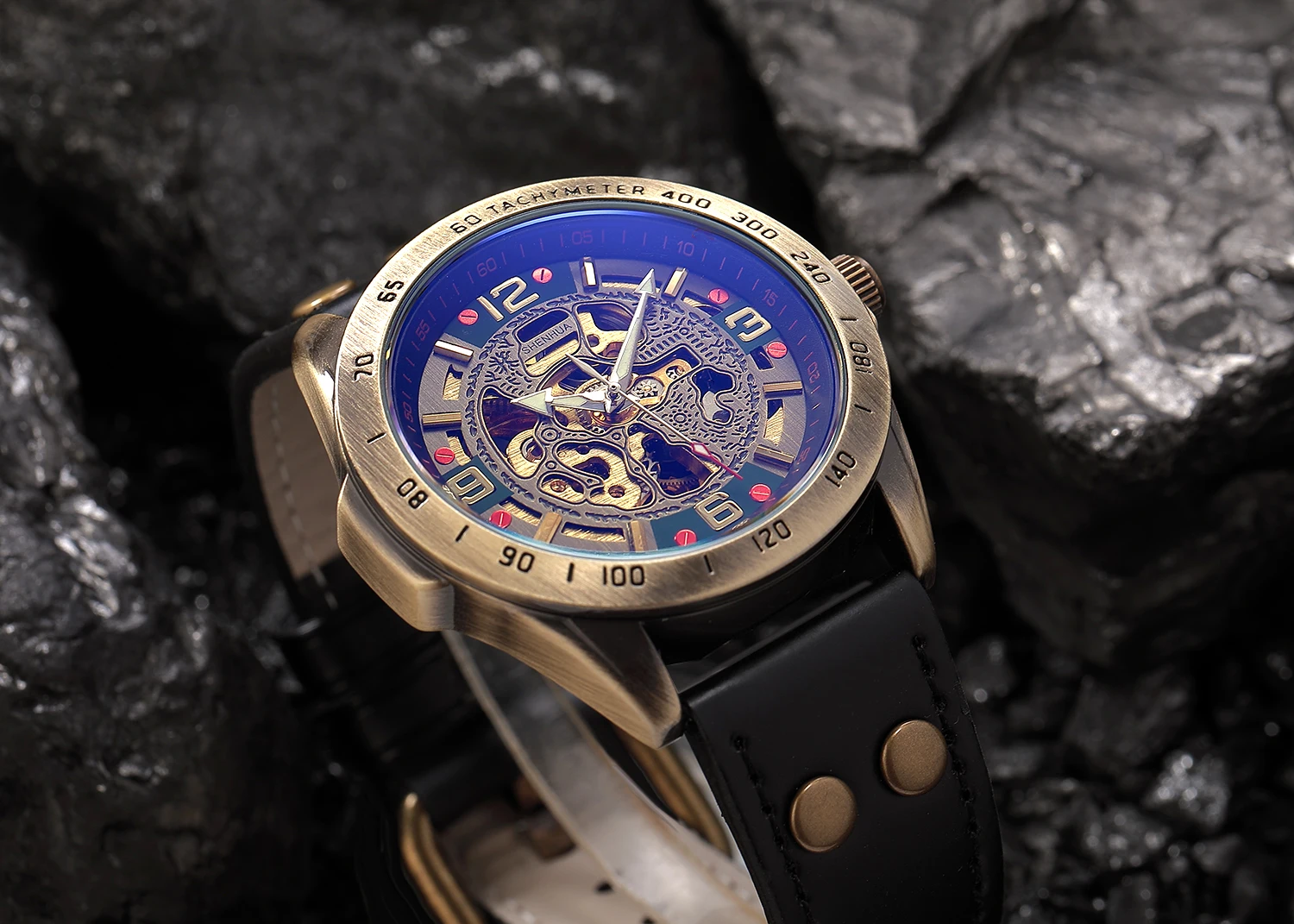 SHENHUA الفاخرة الرجعية البرونزية الرجال التلقائي ساعة ميكانيكية نحت الهيكل العظمي Steampunk مقاوم للماء ساعة اليد الرجالية