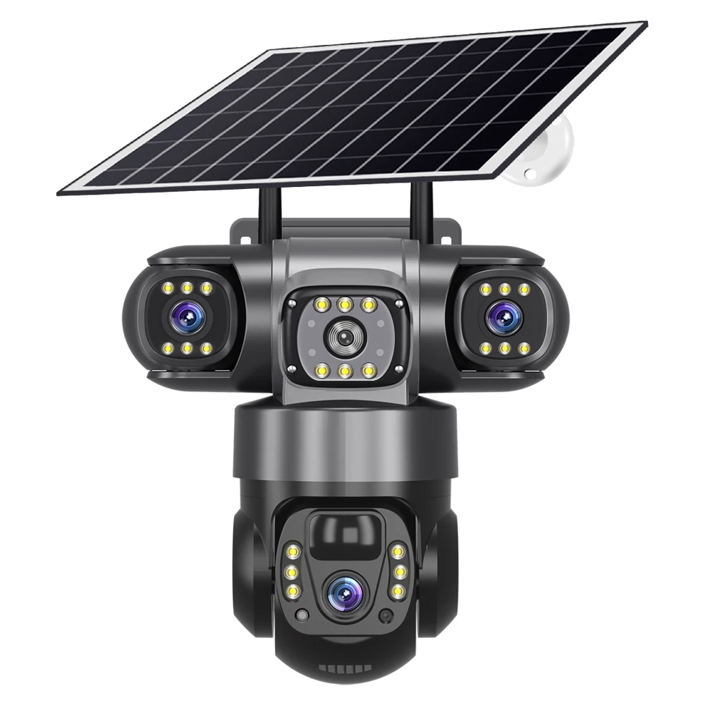 Cross-border outdoor 360° panoramic home three-lens solar surveillance camera: security, high-definition full-color night vision