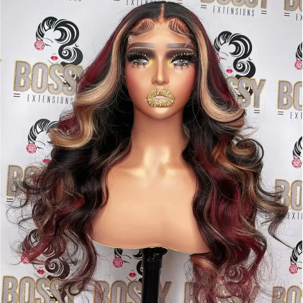 

Синтетический парик с эффектом волн, 200% плотности, красный, блонд, черный, с мелированием бургунди и омбре, 13x4 HD кружевной фронтальный парик для модных женщин и косплея