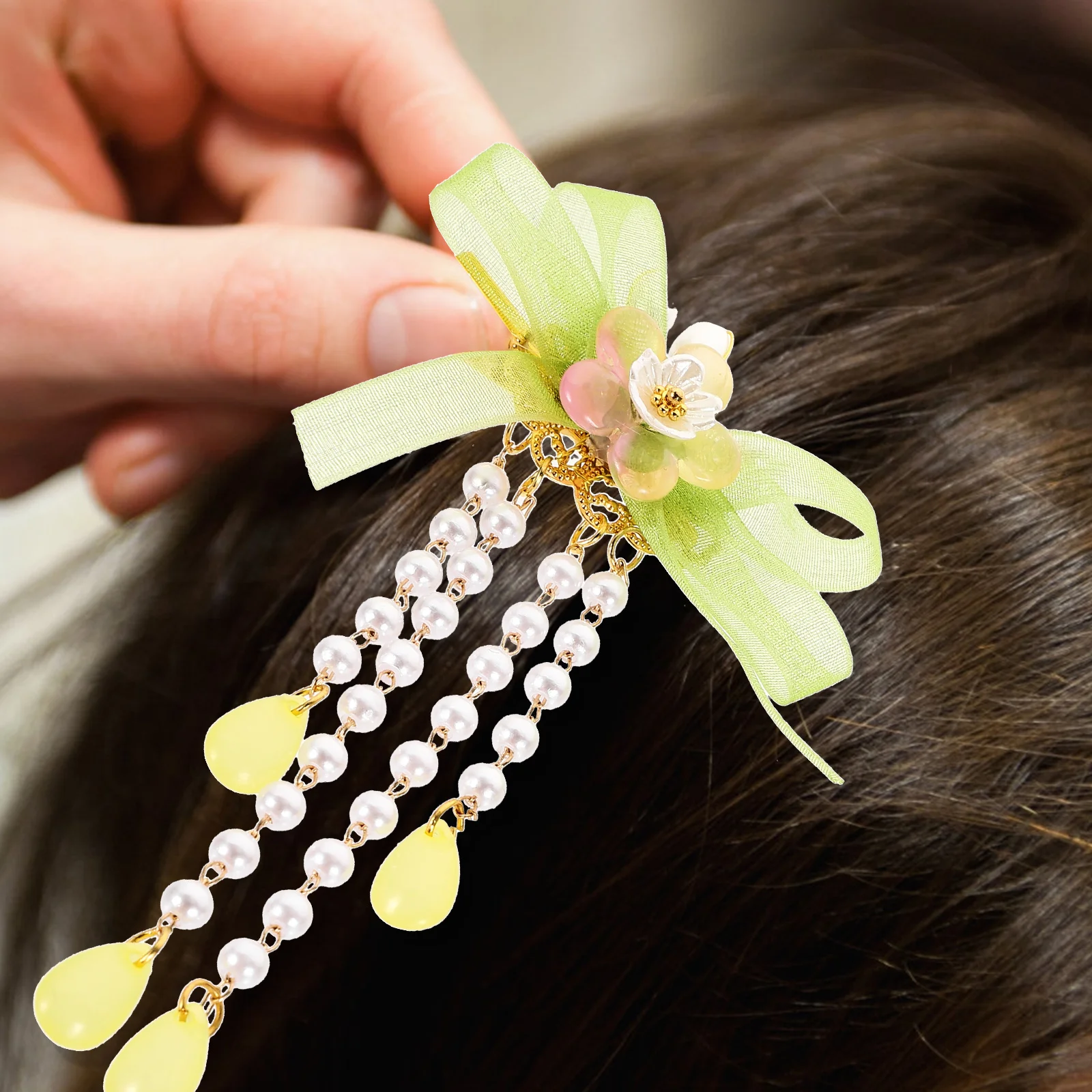 

2pcs Flower Hairpins Women Accessories Dangle Tassel Hair Clip Girls Hanfu Decor Chinese Style Beaded Long Tassel Safe