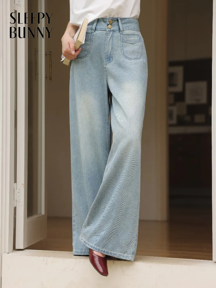 

Trendy High Waist Wide Leg Jeans Light Blue Washed Denim Pants Loose Straight Trousers Women Petite Thin Casual Daily Outfit