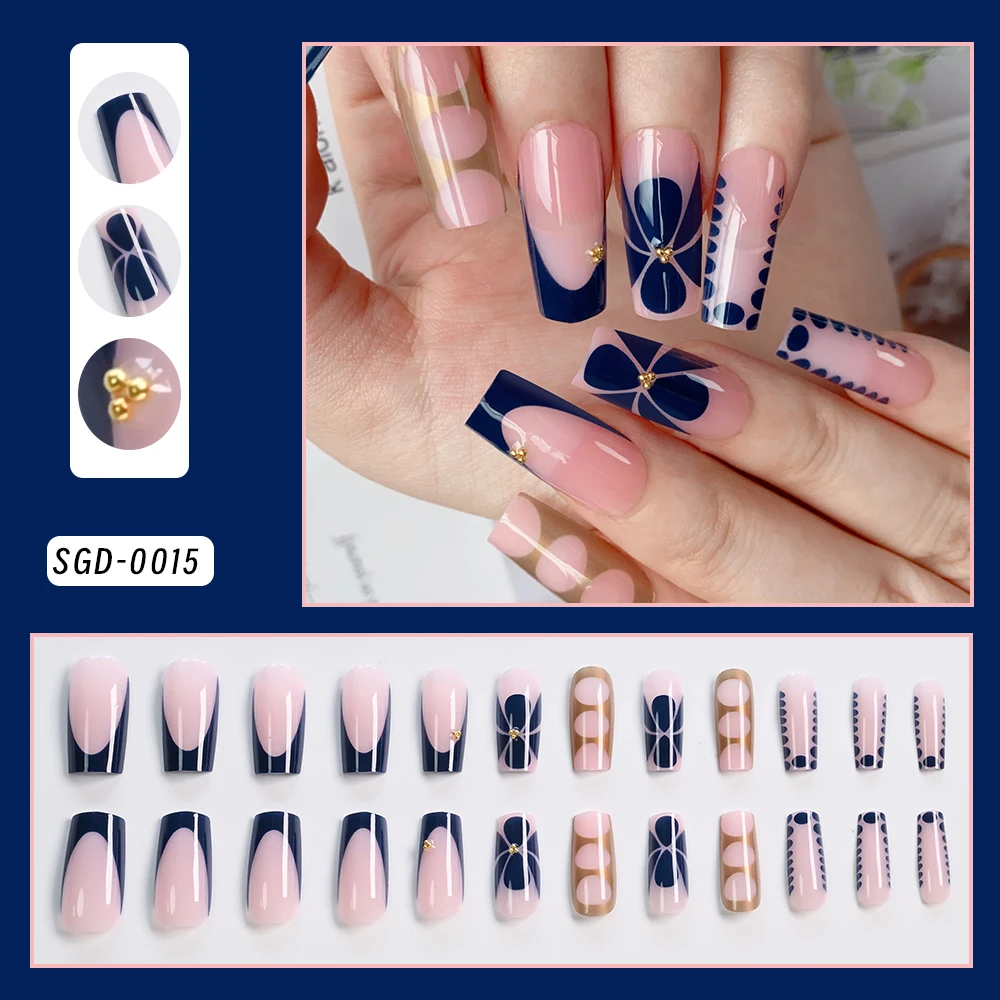 

24pcs Blue French Tips with Floral & Golden Ball Fake Nails Medium Square Press-On Nails Y2K Acrylic Nails for Women Daily Wear*