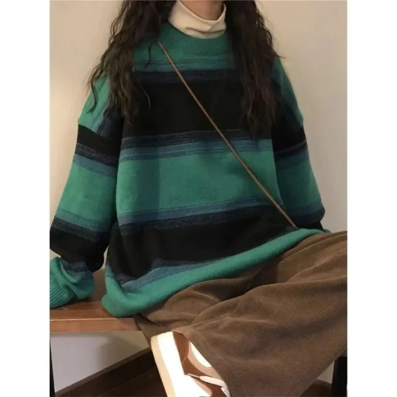 Retro Personality Street Style Green Striped Round Neck knitted Sweater  Women  Autumn  Winter Lazy Versatile  Top Coat Women