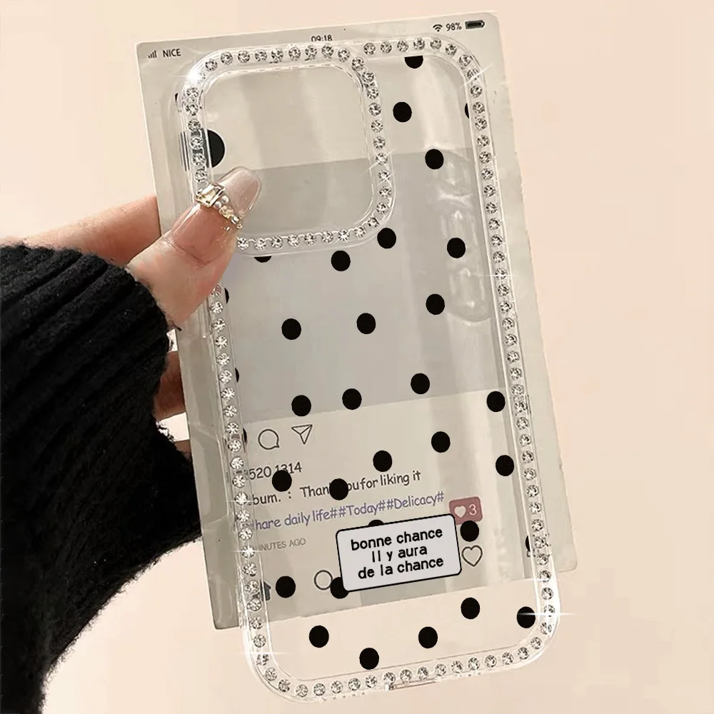 Painted Phone Case for Apple iPhone 17 16 15 14 13 12 Pro Max Air 11 Cases Rhinestone Border Polka Dot Good Luck Shockproof Capa