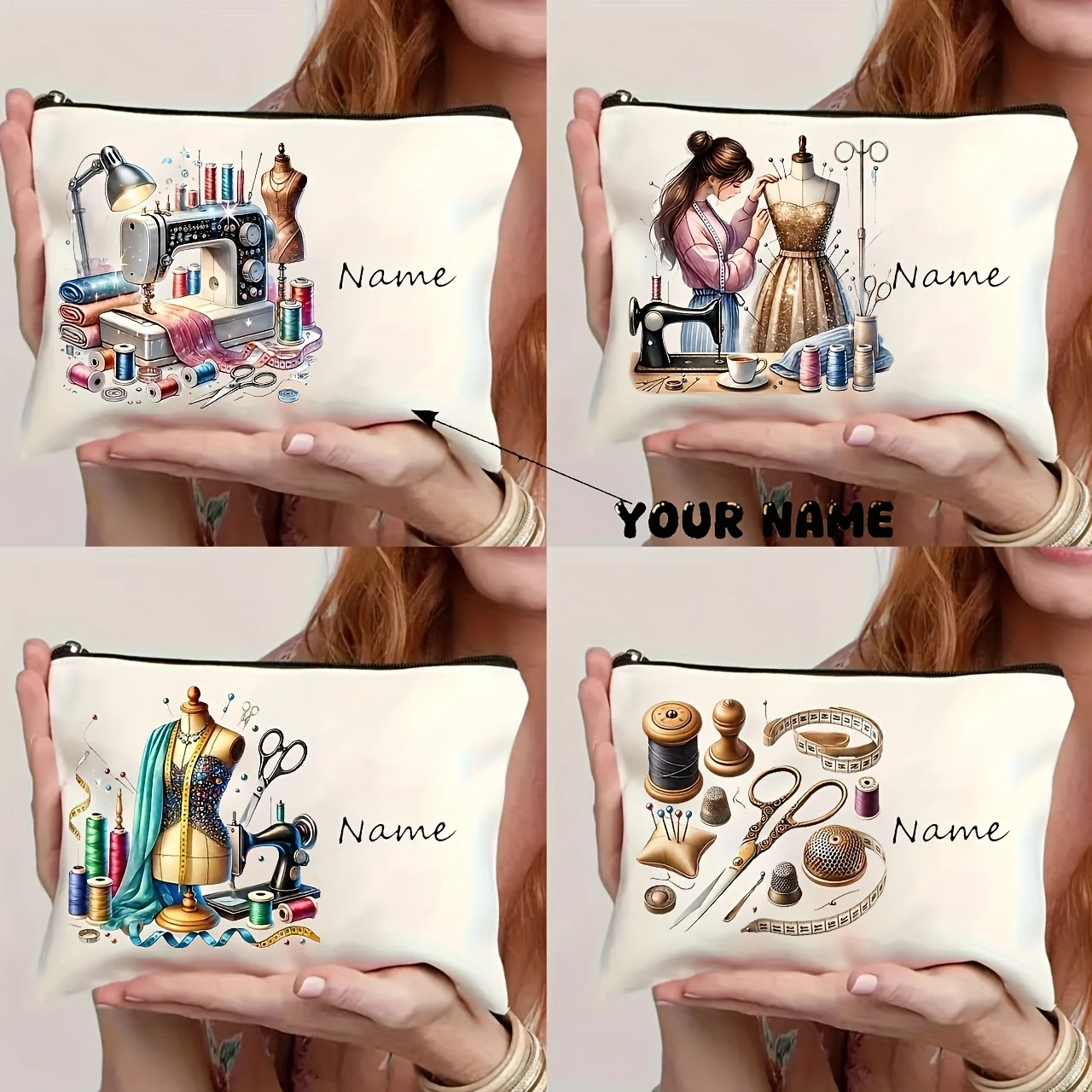 Custom Vintage Sewing-Themed Tote Bag - Large Capacity White Nylon Zipper Closure, Personalized Name Options, Geometric Pattern