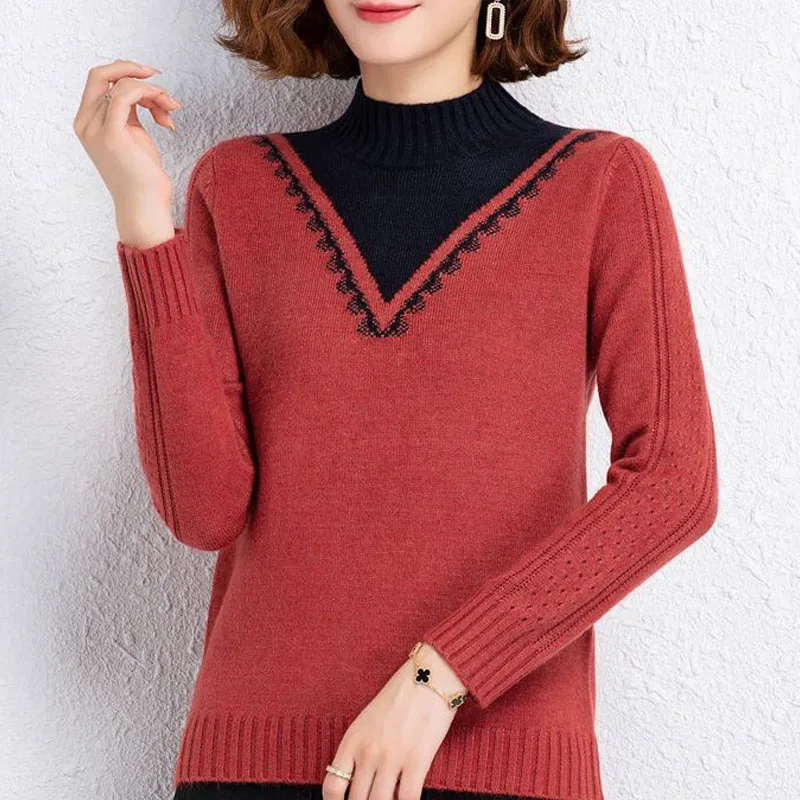 New Autumn Winter Fashion Trend Fake Two Piece Color Block Half High Neck Loose Versatile Warm Women\'s Knitted Sweater