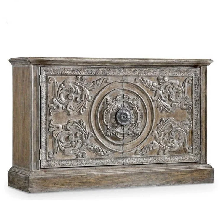 

All solid wood relief dining side cabinet antique weathered gray retro old entrance high-end customized wine cabinet