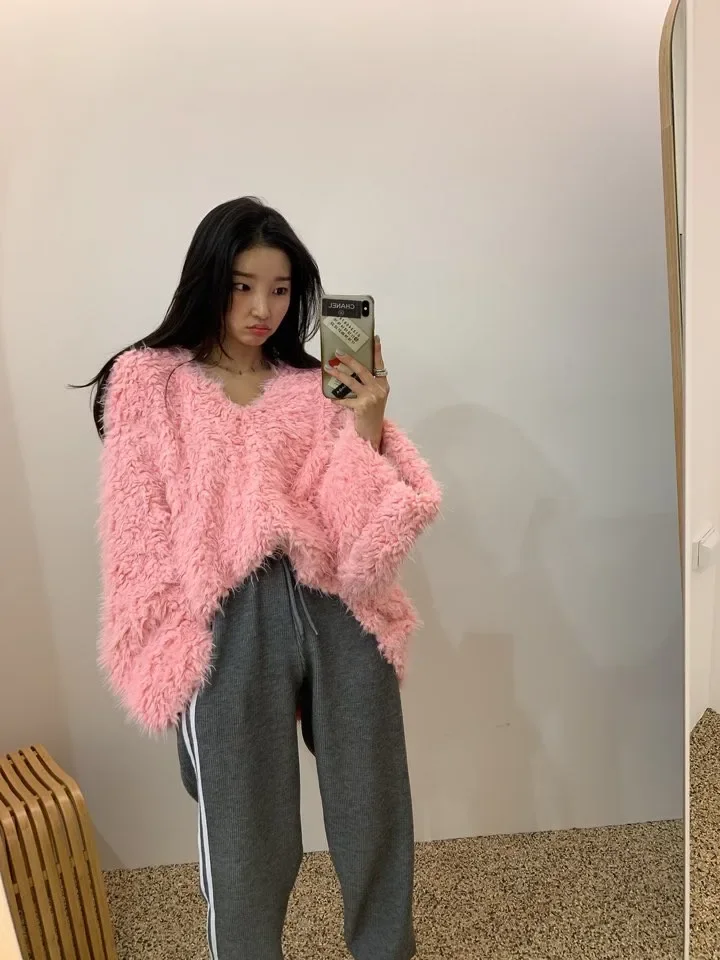 Korean-Style V-neck Tassel Pink Sweater Coat Women Winter Lazy Style Imitation Lamb Fur Thickened Warm Mink Sweater Pullover Top