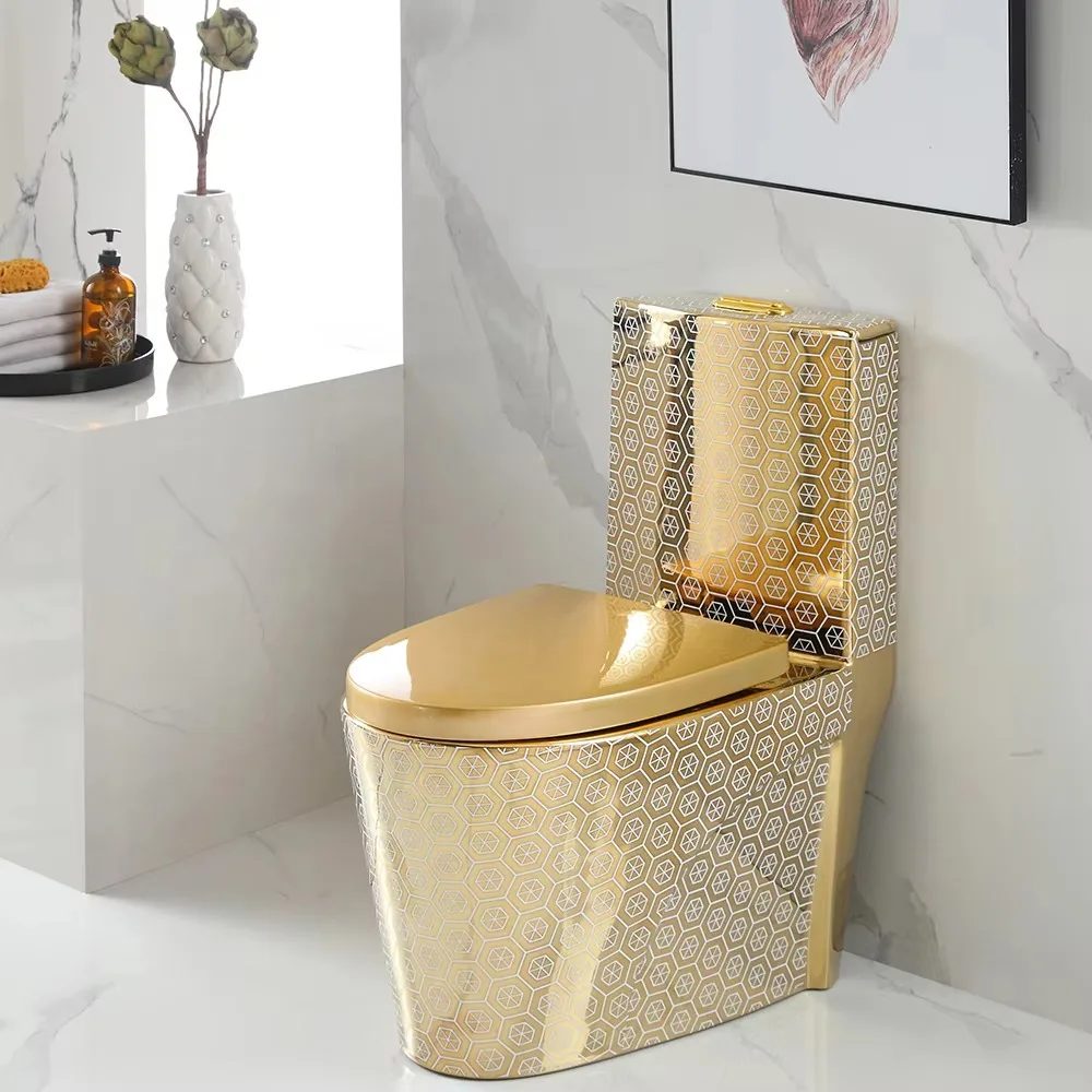 Deluxe All-in-One Bathroom Equipment Ceramic Toilet Set and Basin Gold Toilet