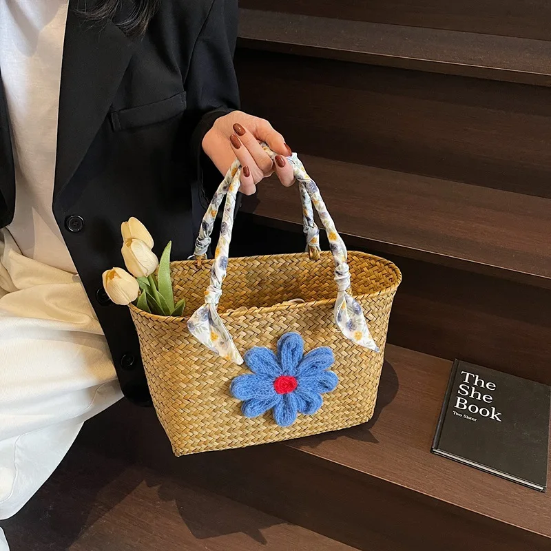 

Женские сумки большой емкости, портативные тканые сумки из шелковой ленты с цветами, простые повседневные модные универсальные сумки для пляжного отдыха