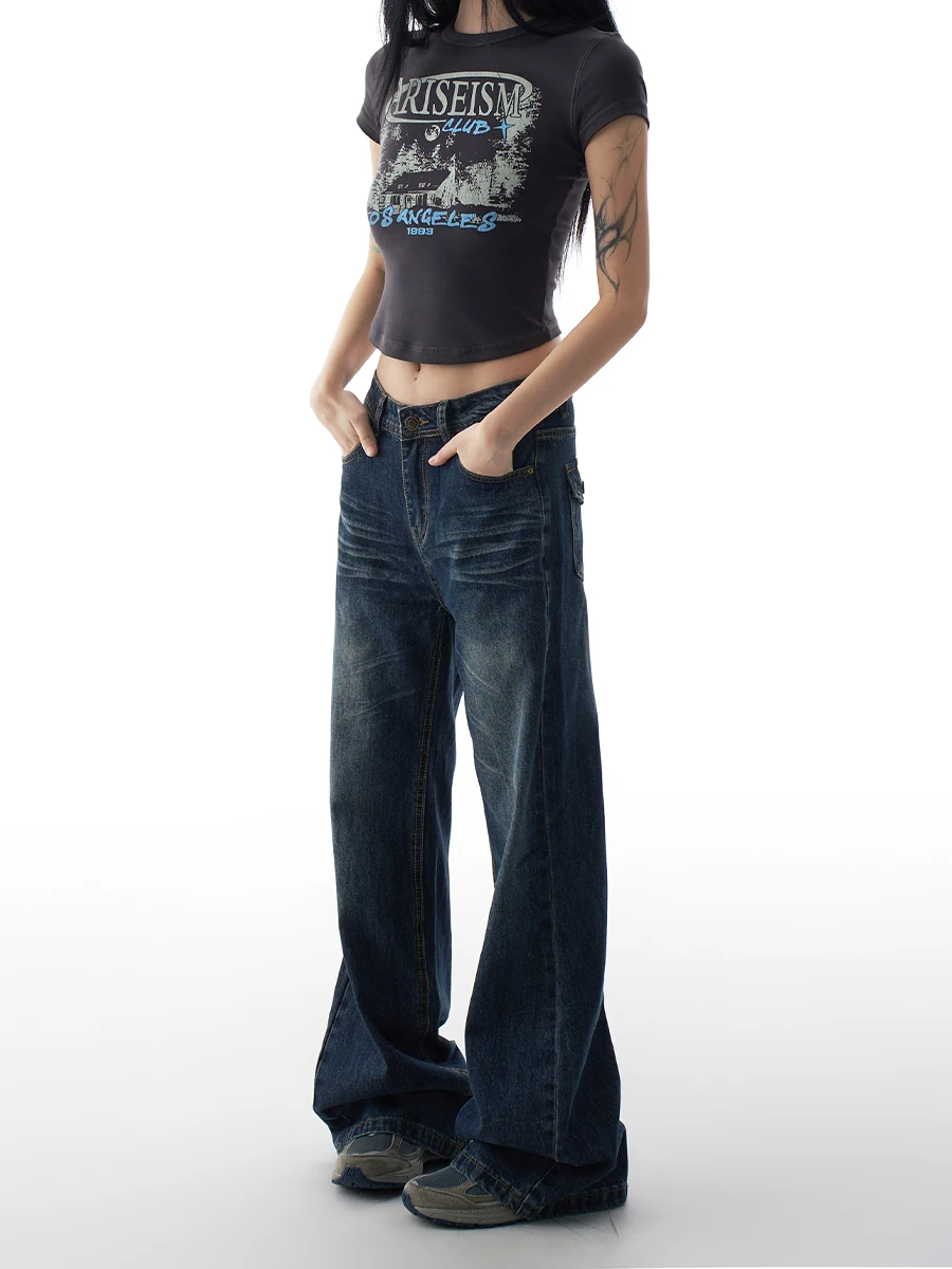 

Американские джинсы-клеш с низкой посадкой и широкими штанинами для женщин, свободные, стройнящие, с эффектом удлинения ног, повседневные, из хлопкового денима