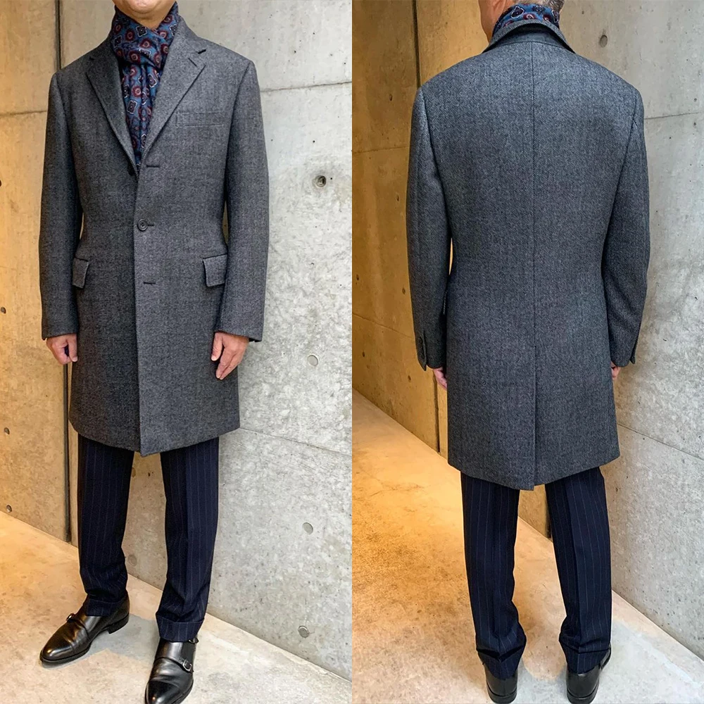 

Herringbone Men Coat One Piece Blazer Overcoat Long Coat Single Breasted Warm Wedding Formal Work Wear Party Causal Tailored