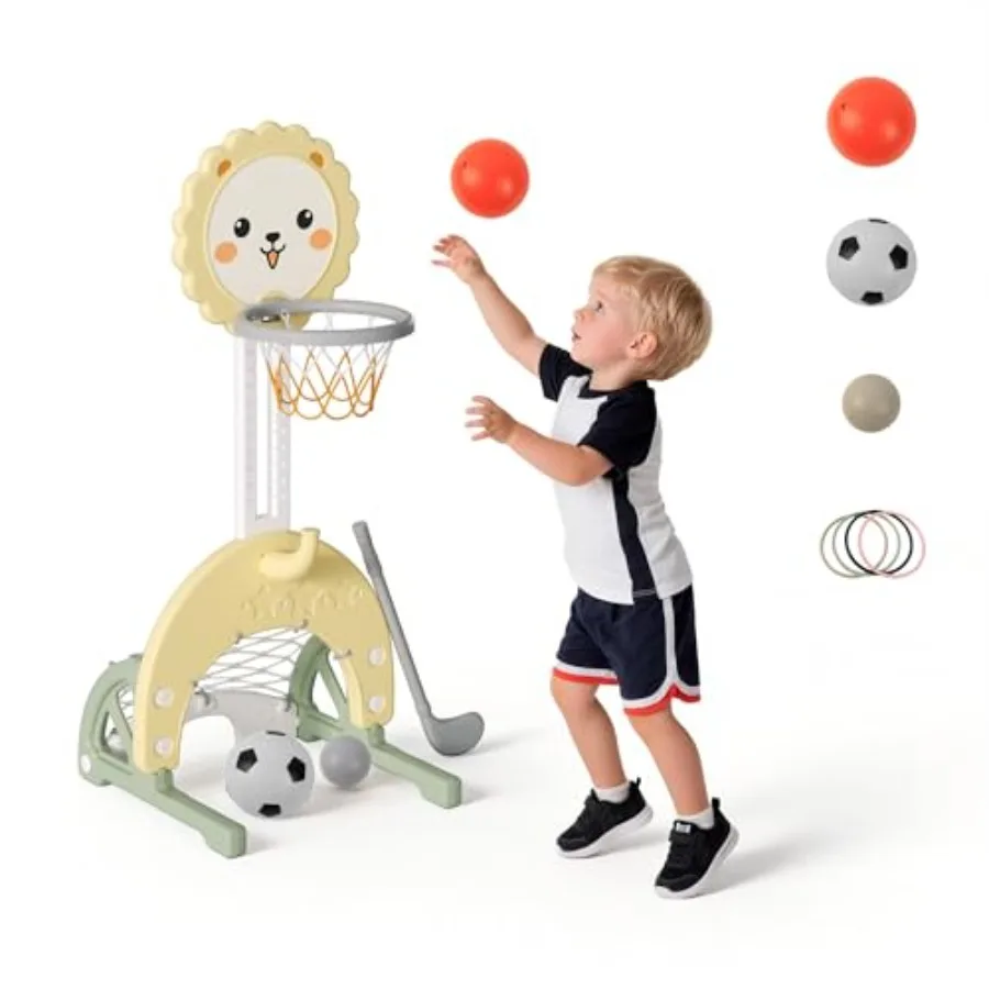 4-in-1 Toddler Basketball Hoop Indoor Adjustable Height Outdoor Sports Center for Aged 1-3 Yellow and Green
