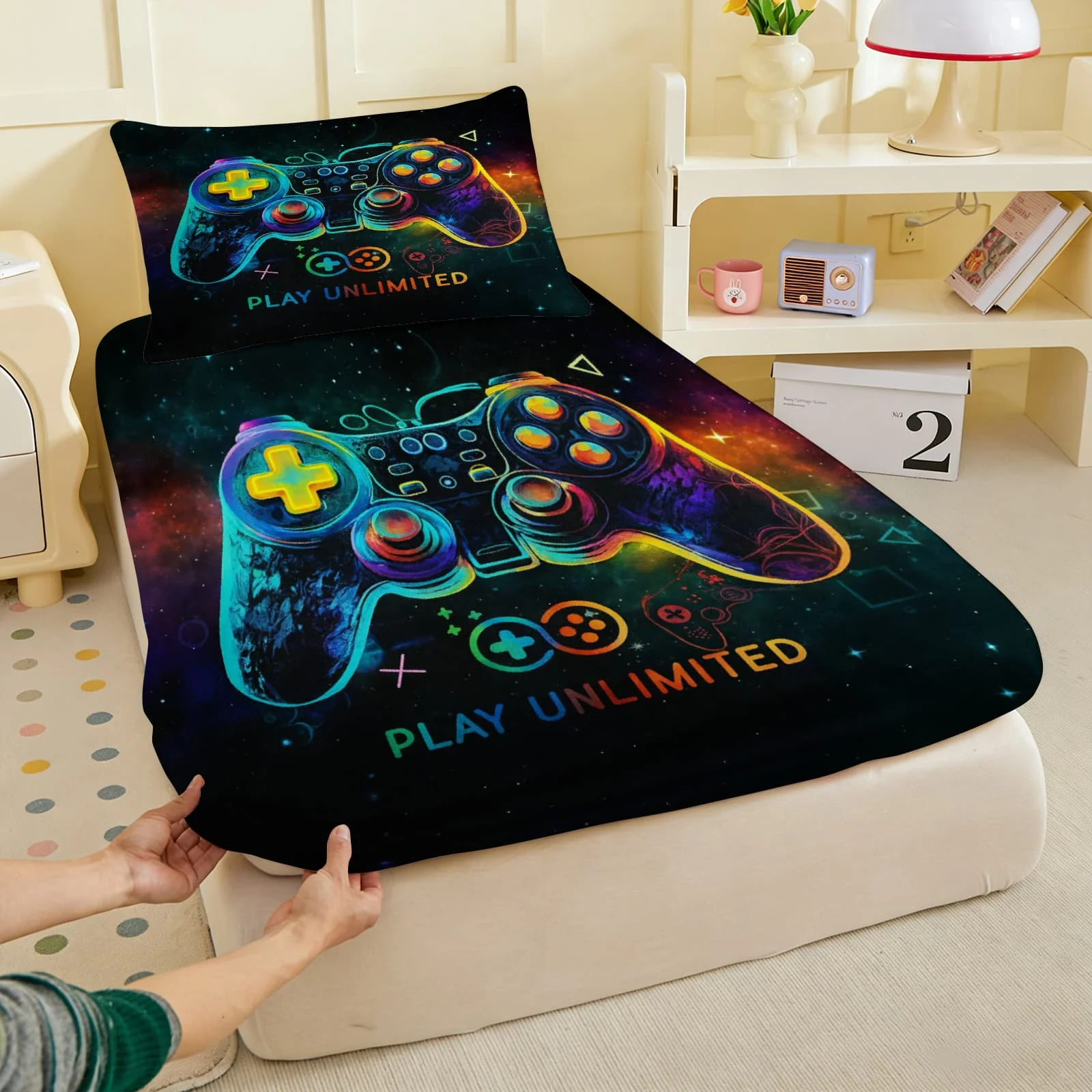1pc Neon Cosmic Game Controller Print Fitted Sheet Deep Pocket Elastic Mattress Cover Single Double Queen King Bedroom Decor