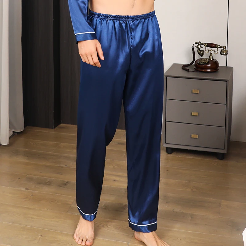 Calça de dormir de seda gelada masculina, grande, casual, monocromática, confortável, solta, respirável, em casa, primavera, outono