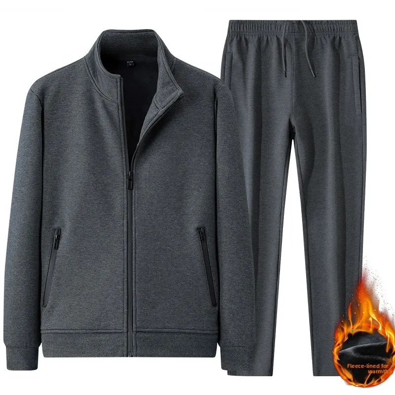 

2025 Autumn and Winter New Men's Casual Set Fleece-Lined Thickened and Thin Sports Jacket and Pants Set