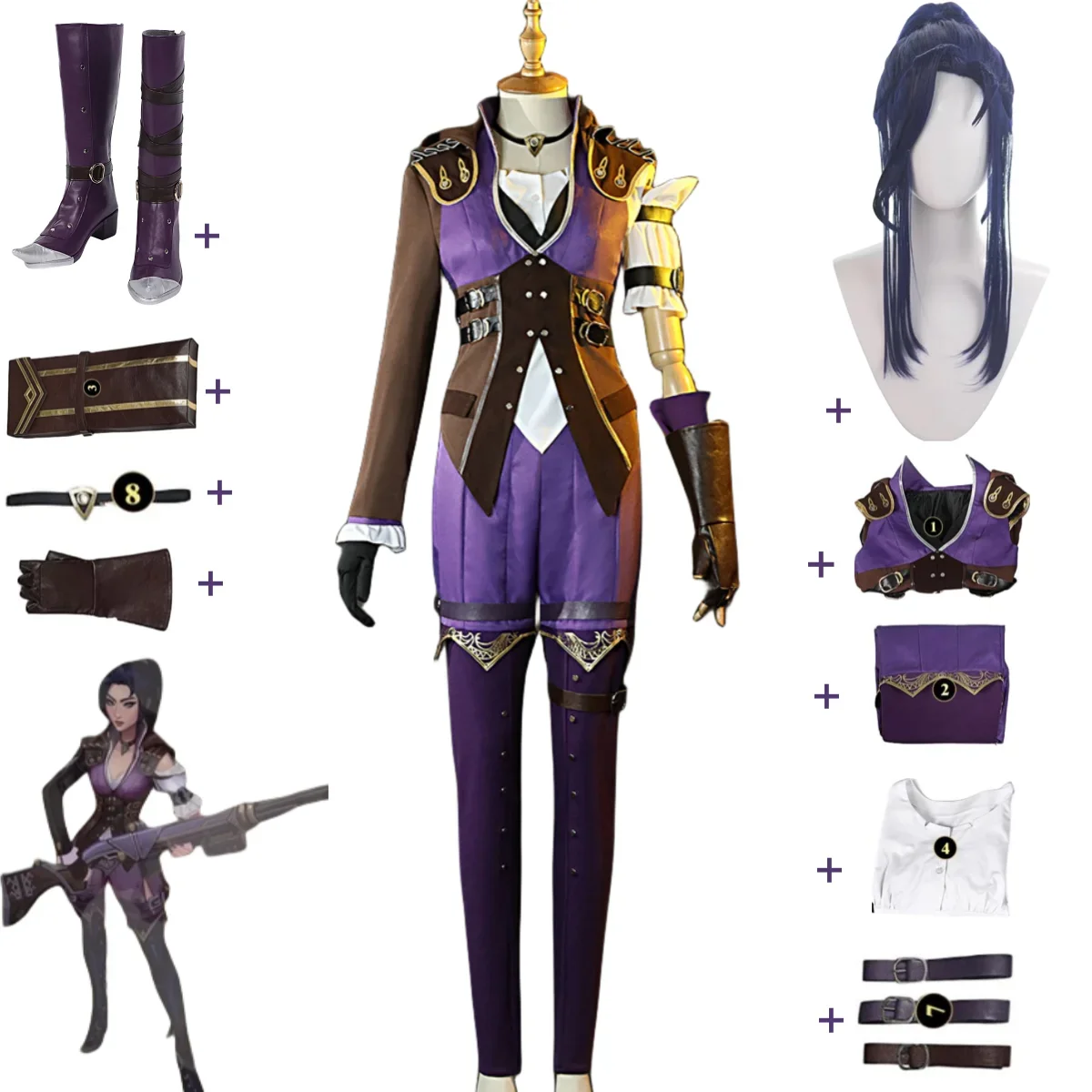 Juego LOL Caitlyn Kiramman Sheriff of Piltover disfraz de Cosplay para mujer, abrigo de pastel pequeño, uniforme, peluca de bota, traje de Carnaval Sexy