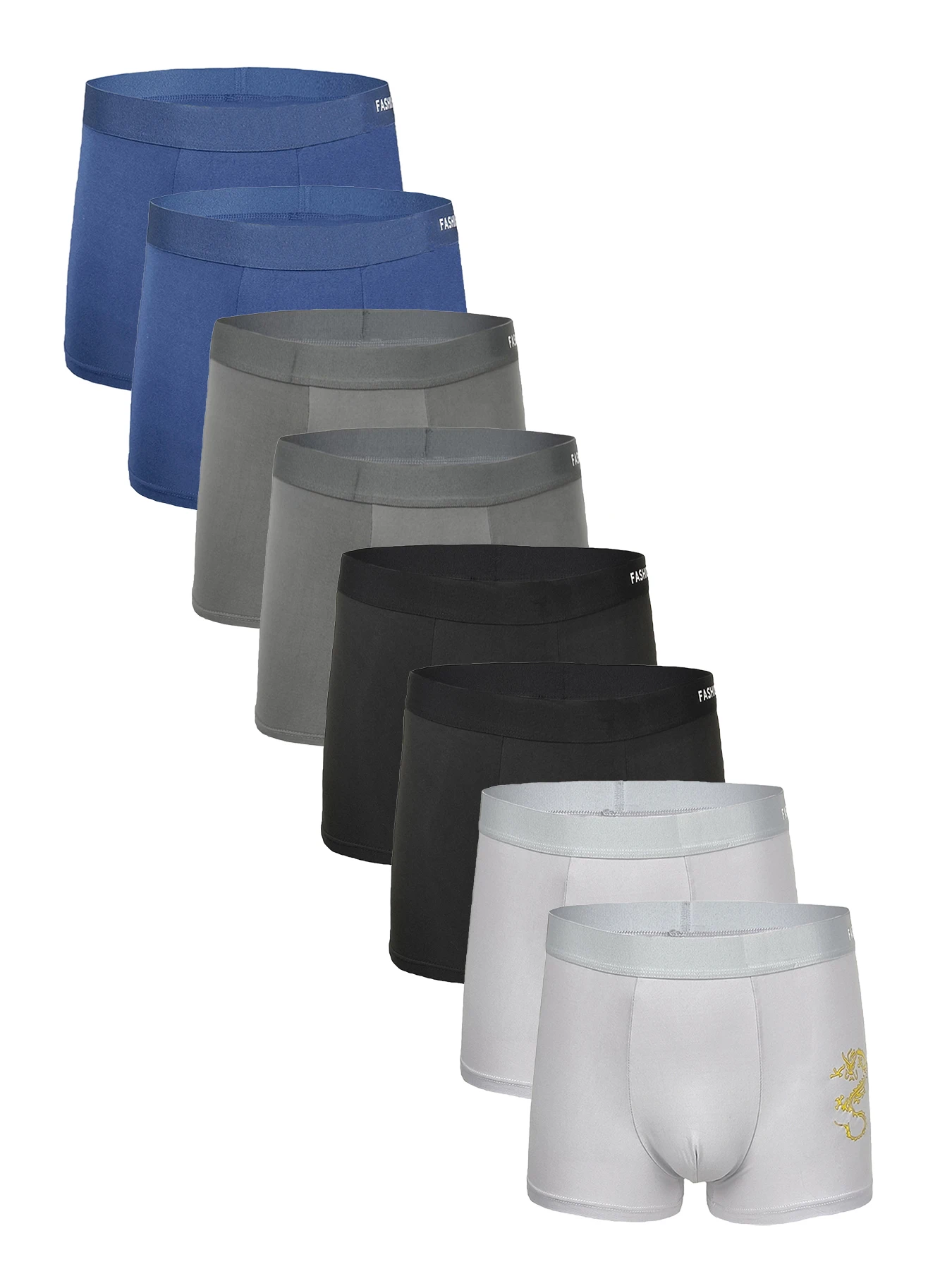 

Men's 8-Pack Polyester Boxer Briefs - Golden Dragon Embroidered, Assorted ColorUnderwear Set with "FASHION" Waistband