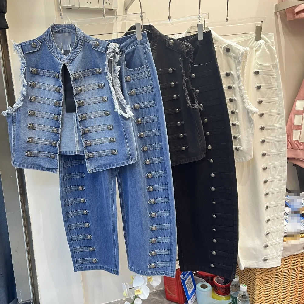 New Unisex Denim Suit, Paired with Vest Pants and Multiple Button Designs Suitable for Y2KCycling AndStreet Leisure InAllSeasons