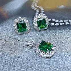 2026 New Luxury European and American French Palace Style Emerald Geometric Square Zircon 3-piece Set Necklace  Ring